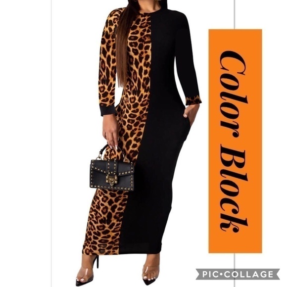 1 Left! Color Block Leopard & Black Maxi Dress - Picture 1 of 3